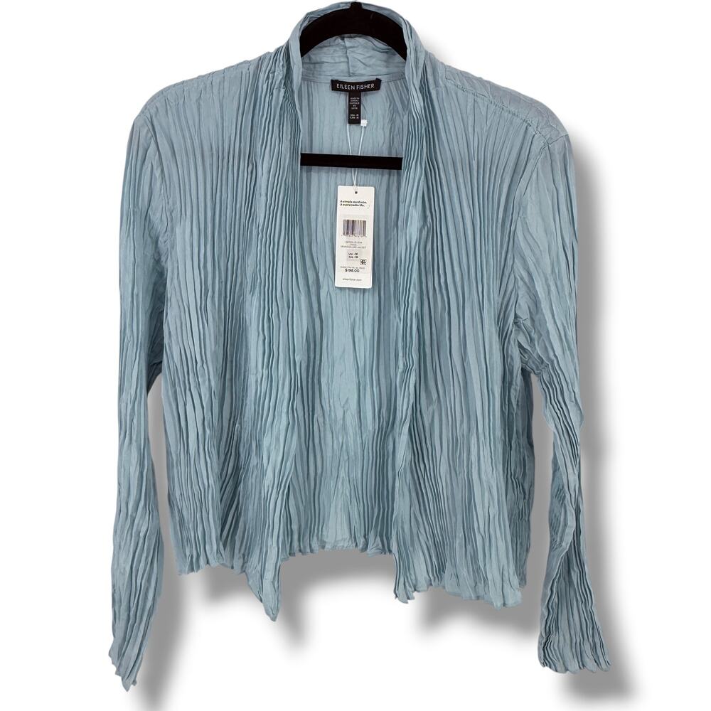 Eileen Fisher High Collar Jacket Size Medium Pool Blue 100% Silk Pleated Crinkle